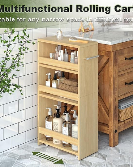 MARTY Rolling Storage Cart 7.9" W, 4-Tier Narrow Kitchen Cart on Wheels Laundry Room Organization with Handle Mobile Shelving Utility Cart Multi-Functional Trolley for Kitchen Bathroom (Maple) - LeafyLoom