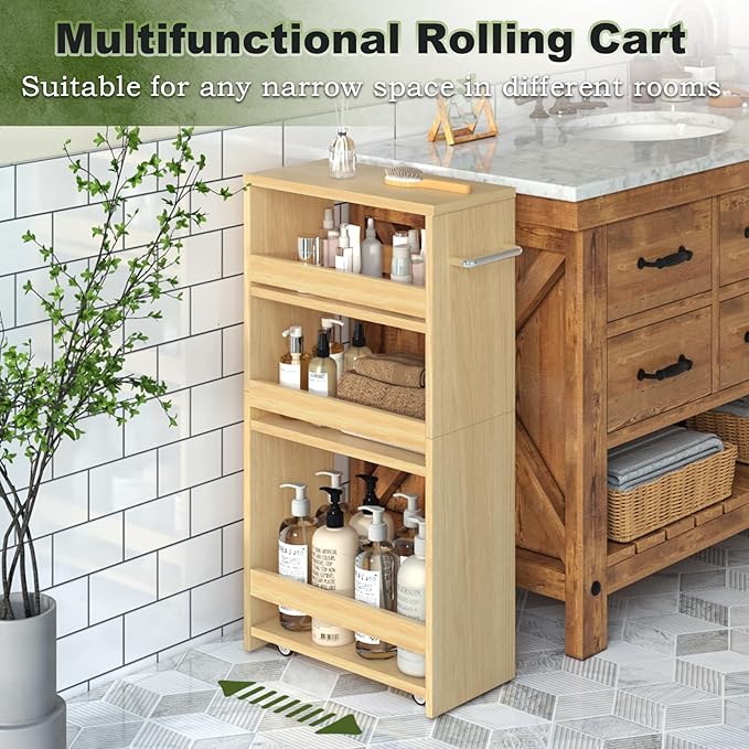 MARTY Rolling Storage Cart 7.9" W, 4-Tier Narrow Kitchen Cart on Wheels Laundry Room Organization with Handle Mobile Shelving Utility Cart Multi-Functional Trolley for Kitchen Bathroom (Maple) - LeafyLoom