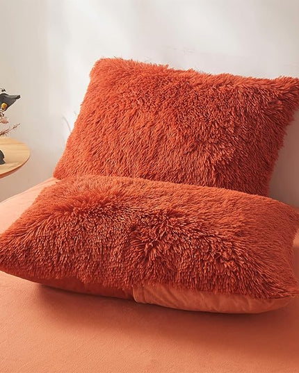 Fluffy Orange Comforter Cover Set Queen - Ultra Soft Plush Burnt Orange Bedding Sets 3 Pieces (1 Faux Fur Duvet Cover + 2 Faux Fur Pillow case) Boho Orange Queen Bed Sets (Dark Orange, Queen) - LeafyLoom
