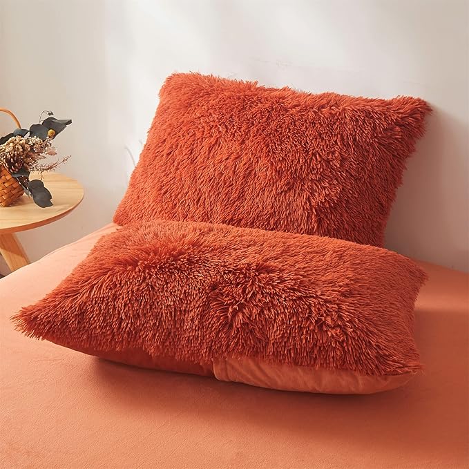 Fluffy Orange Comforter Cover Set Queen - Ultra Soft Plush Burnt Orange Bedding Sets 3 Pieces (1 Faux Fur Duvet Cover + 2 Faux Fur Pillow case) Boho Orange Queen Bed Sets (Dark Orange, Queen) - LeafyLoom