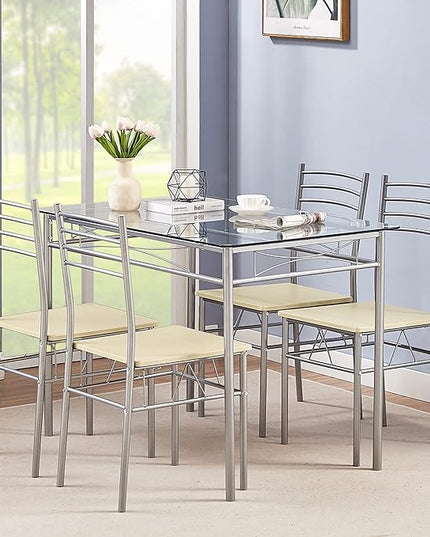 VECELO Kitchen Dining Room Table and Chairs 4, 5-Piece Dinette Sets, Space Saving (Silver), Silvery - LeafyLoom