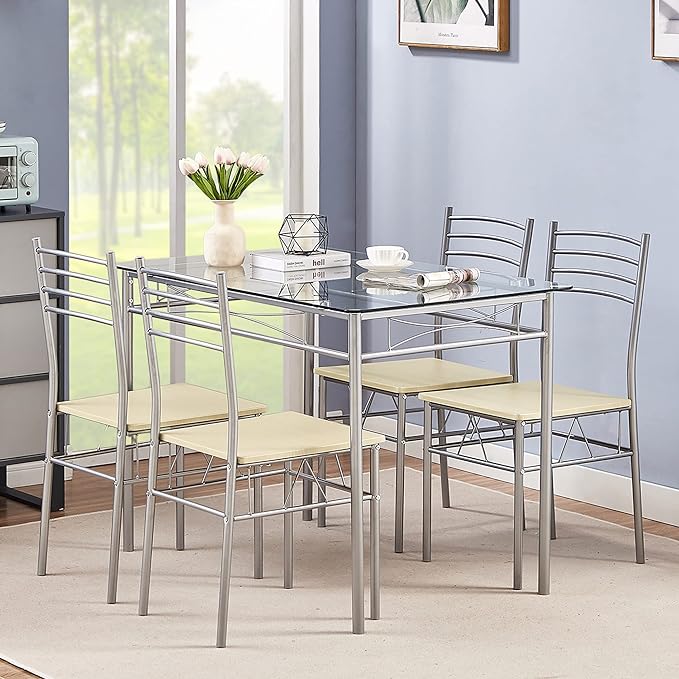 VECELO Kitchen Dining Room Table and Chairs 4, 5-Piece Dinette Sets, Space Saving (Silver), Silvery - LeafyLoom