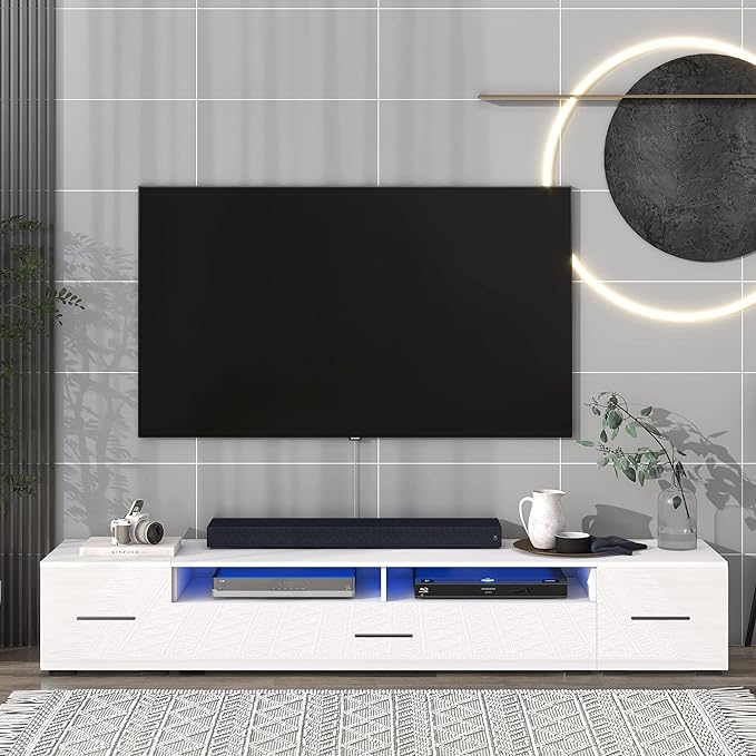 NicBex TV Stand for 90+ Inch TV LED Entertainment Center Media Storage Console Table with High Gloss TV Cabinet and 16-Color RGB LED for Living Room,Bedroom, 82.60 Inch,White - LeafyLoom