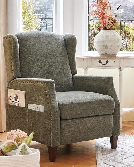 COLAMY Wingback Pushback Recliner Storage Pocket Upholstered Fabric Living Room Chair Armchair, with Wood Legs and Nailhead Trim, Green - LeafyLoom
