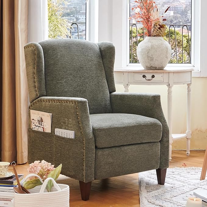 COLAMY Wingback Pushback Recliner Storage Pocket Upholstered Fabric Living Room Chair Armchair, with Wood Legs and Nailhead Trim, Green - LeafyLoom