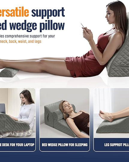 Reading Pillows for Sitting in Bed Adult Back Pillow for Bed Sitting Up, Back Support Pillow for Bed with Adjustable Roller, Foam Wedge Pillow for Neck, Lumbar, Back, Gray, 20 * 12 * 26IN - LeafyLoom