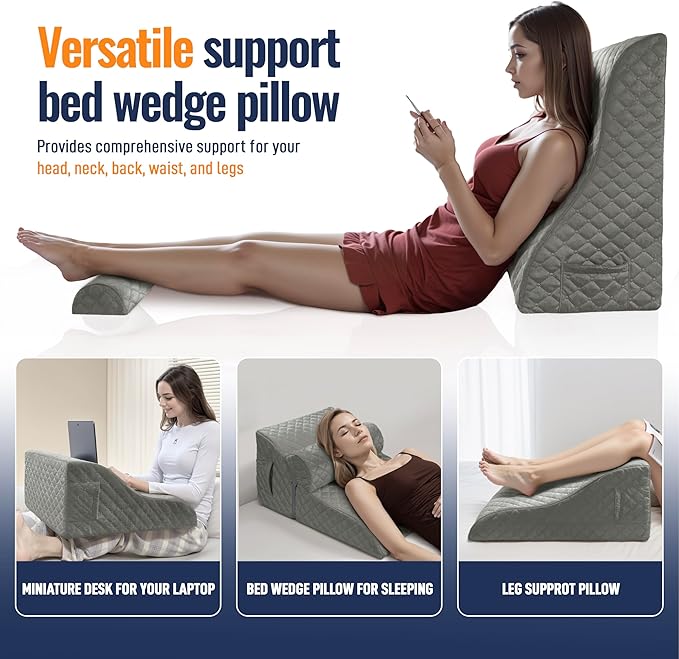 Reading Pillows for Sitting in Bed Adult Back Pillow for Bed Sitting Up, Back Support Pillow for Bed with Adjustable Roller, Foam Wedge Pillow for Neck, Lumbar, Back, Gray, 20 * 12 * 26IN - LeafyLoom