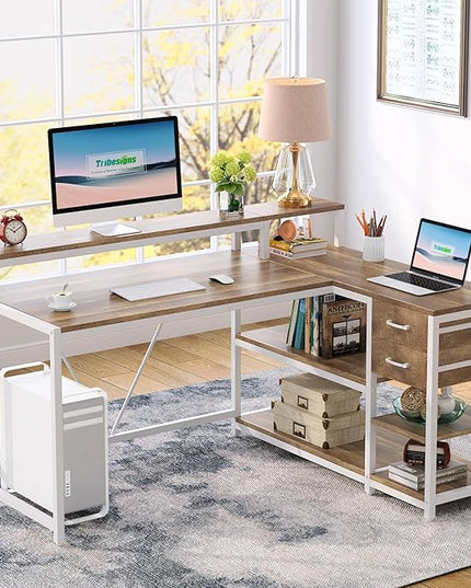 Reversible L-Shaped Computer Desk with hutch & Shelf,white - LeafyLoom