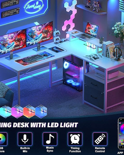 Homieasy L Shaped Computer Desk with Storage File Drawer, Reversible Home Office Desk with Recessed Power Strip and Led Strip, Corner Gaming Desk Work Study Table with Monitor Stand, White - LeafyLoom