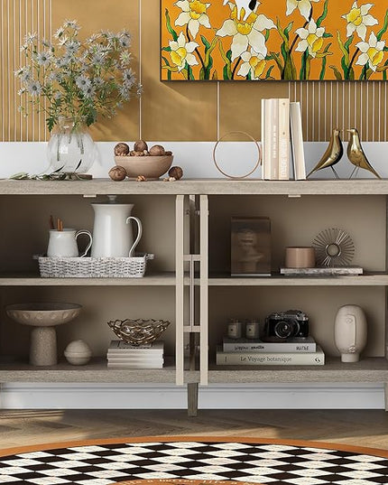 Merax Wood Sideboard Buffet Cabinet with Storage, 4 Door Farmhouse Cupboard w/Adjustable Shelves, Console Table for Kitchen, Dining/Living Room, Grey - LeafyLoom
