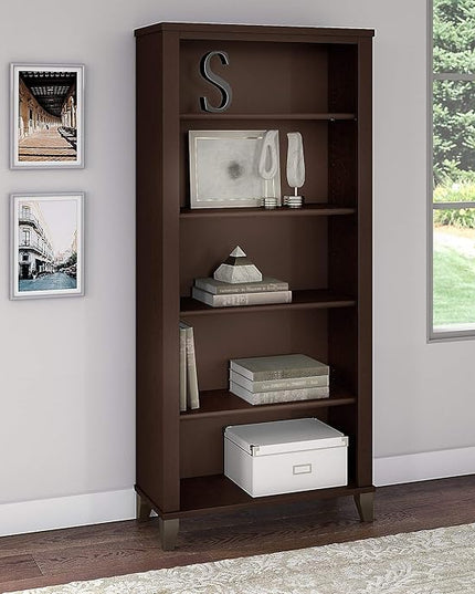 Bush Furniture Somerset Tall 5 Shelf Bookcase | Large Open Bookshelf | Display Cabinet for Library, Living Room, and Home Office, 30W x 13D x 65H, Mocha Cherry - LeafyLoom