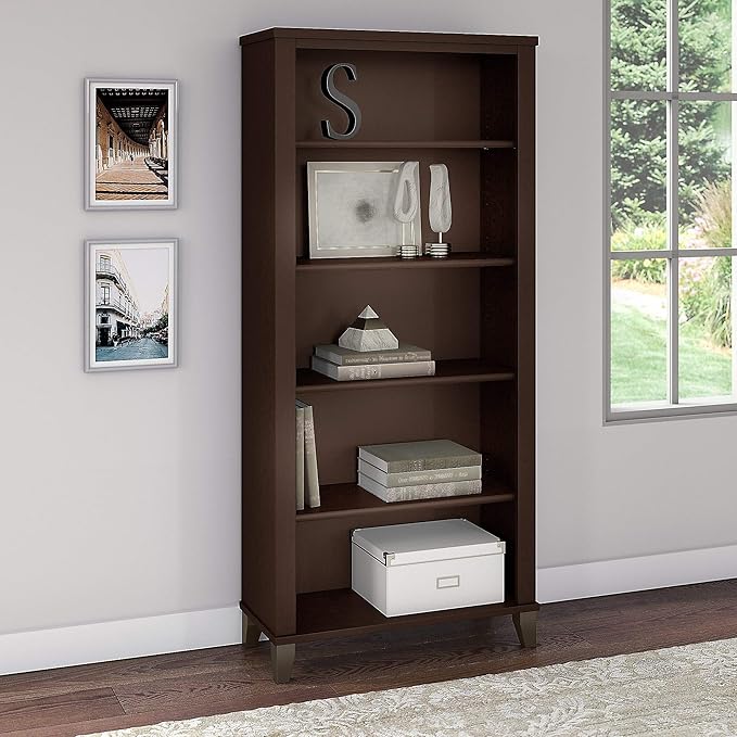 Bush Furniture Somerset Tall 5 Shelf Bookcase | Large Open Bookshelf | Display Cabinet for Library, Living Room, and Home Office, 30W x 13D x 65H, Mocha Cherry - LeafyLoom