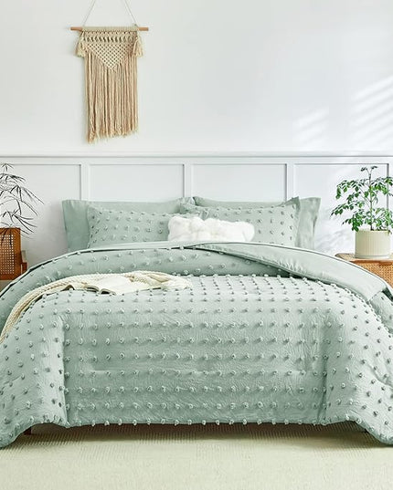 6 Pieces Tufted Dots Bed in a Bag Twin Comforter Set with Sheets Green , Soft and Embroidery Shabby Chic Boho Bohemian Comforters, Solid Color with Pom Pom Design, Jacquard Tufts Bedding Set for Kids - LeafyLoom