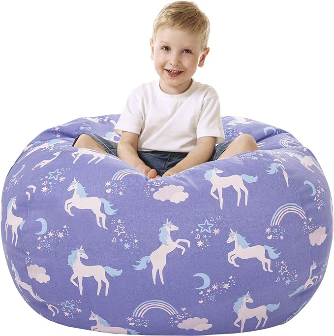 Aubliss Stuffed Animal Storage Bean Bag, Unicorn Bean bag Chair, Stuff 'n Sit for Kids, X-Large 48"-Canvas Unicorn Blue - LeafyLoom