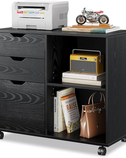 DEVAISE 3-Drawer Wood File Cabinet, Mobile Lateral Filing Cabinet, Printer Stand with Open Storage Shelves for Home Office, Black - LeafyLoom