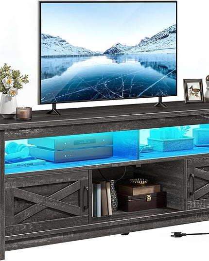 YITAHOME TV Stand with LED Light & Power Outlet, Farmhouse Media Console w/Storage Cabinets for 75 Inch TV, Rustic Entertainment Center Table TV Cabinet for Living Room, 65'' Large TV Stand, Dark Grey - LeafyLoom