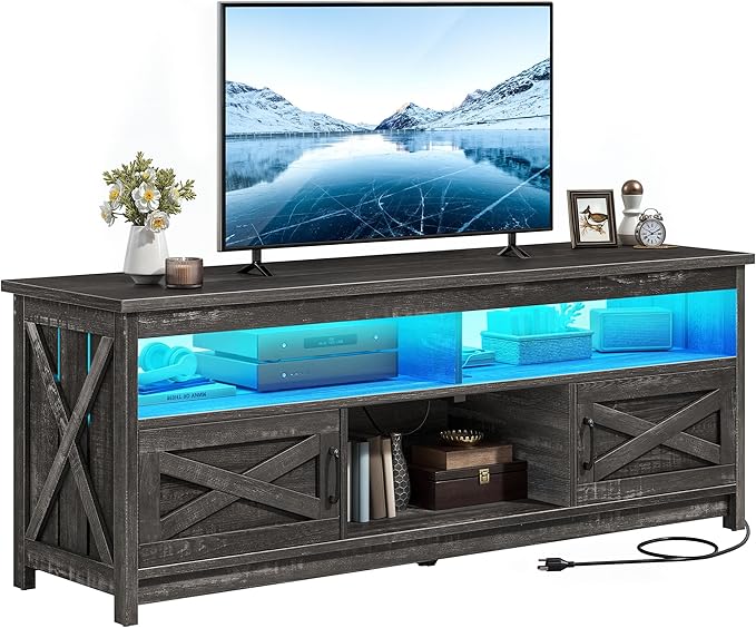 YITAHOME TV Stand with LED Light & Power Outlet, Farmhouse Media Console w/Storage Cabinets for 75 Inch TV, Rustic Entertainment Center Table TV Cabinet for Living Room, 65'' Large TV Stand, Dark Grey - LeafyLoom