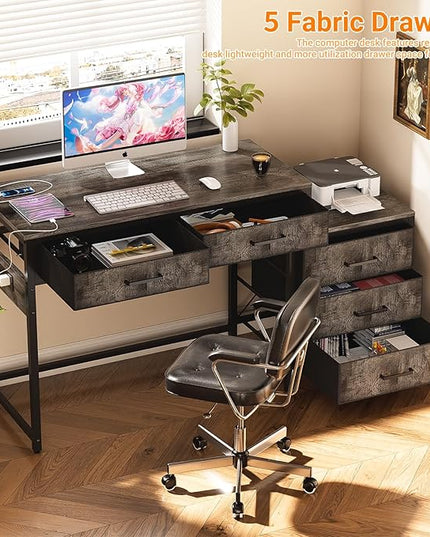 Unikito Computer Desk with 5 Drawers, Reversible Home Office Desk with Power Outlets, Sturdy Writing Desk with File Cabinet and Printer Stand, Vanity Desk with Storage for Small Space, Black Oak - LeafyLoom