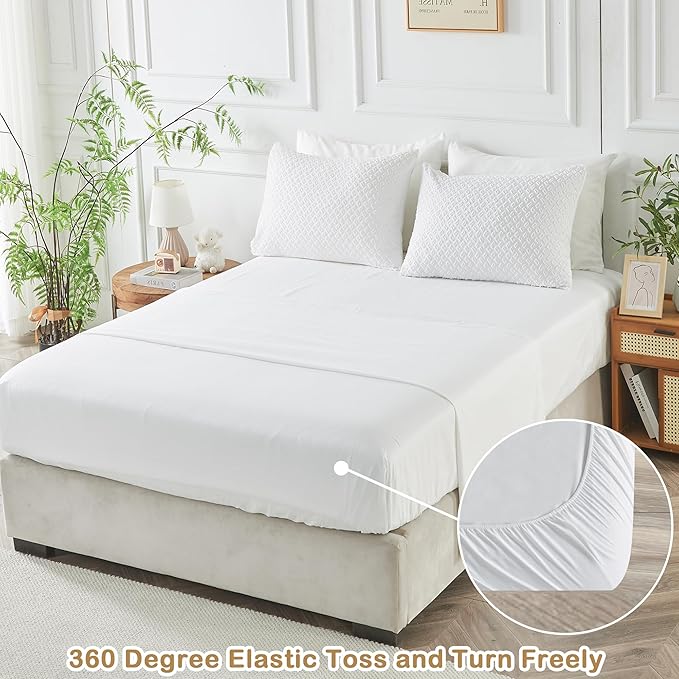 Queen Size Tufted Kids Comforter Set 7 Piece White Jacquard Tufts Embroidery Bedding Set for Boys Girls Bed in A Bag Quilt with 1 Comforter, 1 Flat Sheet, 1 Fitted Sheet, 2 Pillowcase, 2 Pillow Sham - LeafyLoom