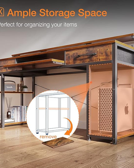 ODK Computer Desk with Drawers & Power Outlet, 63 Inch Office Desk with Keyboard Tray & Storage Shelves & PC Stand, Large Office Table Work Desk with Monitor Stand, Rustic Brown - LeafyLoom