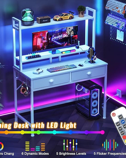 Furologee Small White Computer Desk with Power Outlet and 2 Fabric Drawers, 40" Makeup Vanity Desk with LED Light, Home Office Desk with Monitor Stand, Gaming Desk with Hutch for Small Space - LeafyLoom