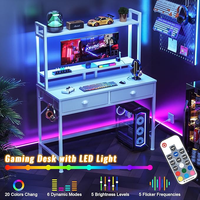 Furologee Small White Computer Desk with Power Outlet and 2 Fabric Drawers, 40" Makeup Vanity Desk with LED Light, Home Office Desk with Monitor Stand, Gaming Desk with Hutch for Small Space - LeafyLoom