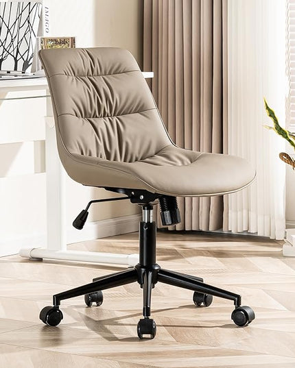 Kidol & Shellder Armless Office Chair Desk Chair Comfy Makeup Vanity Chair with Back Ergonomic Swivel Chair Home Office Desk Chairs with Wheels Rolling Computer Chair Bedroom Accent Chair(Khaki) - LeafyLoom