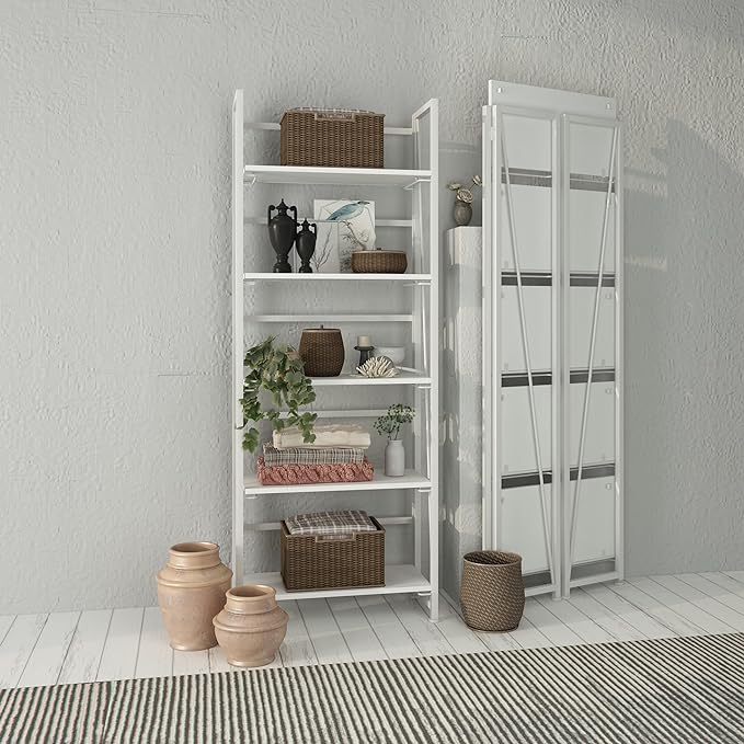 No-Assembly Folding Bookshelf Storage Shelves 5 Tiers Vintage Multifunctional Plant Flower Stand Storage Rack Shelves Bookcase for Home Office(All White) - LeafyLoom