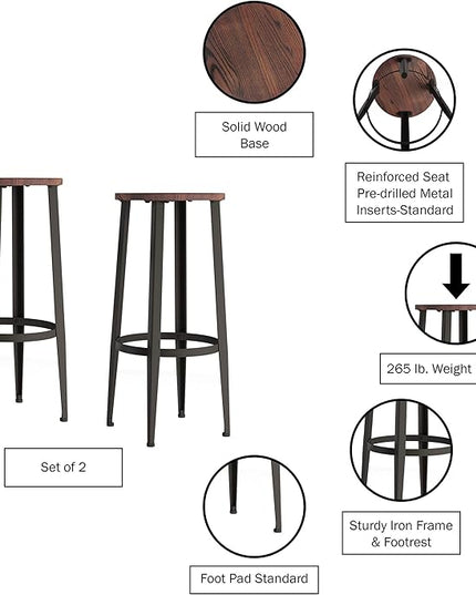 Home Lavish Bar Height Stools-Backless Kitchen or Dining Room Metal Base, Wood Seat- Modern Farmhouse Accent Furniture (Set of 2) - LeafyLoom