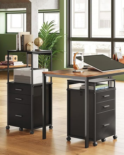 DEVAISE File Cabinet with Storage Drawers, Rolling Printer Stand with Adjustable Shelves, Wood Filing Cabinet for Home Office, Black - LeafyLoom