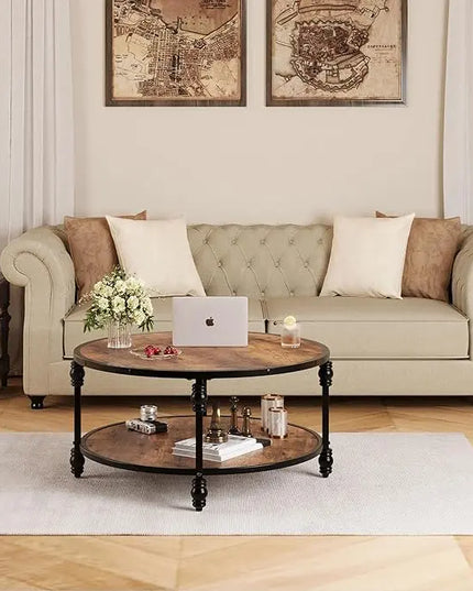 GAOMON Round Coffee Table Living Room 34.25in Rustic Circle Center Table with Storage Shelf 2-Tier Modern Wood Coffee Table, Easy Assembly(Brown) - LeafyLoom