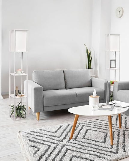 Simple Designs LF1014-WHT Etagere Organizer Storage Shelf Linen Shade Floor Lamp, White - LeafyLoom