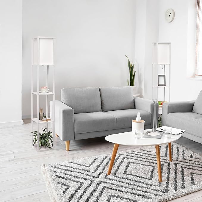 Simple Designs LF1014-WHT Etagere Organizer Storage Shelf Linen Shade Floor Lamp, White - LeafyLoom