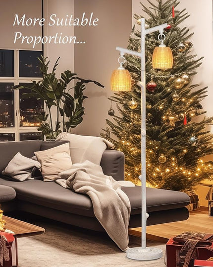 WIHTU 2 Light Tall Floor Lamps for Living Room Bright Lighting, Vintage Standing Lamp for Bedroom, White LED Pole Lamp floor with Wood Bamboo Woven Shades, Tree Corner Light for Home Decor - LeafyLoom