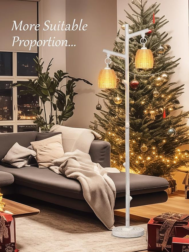 WIHTU 2 Light Tall Floor Lamps for Living Room Bright Lighting, Vintage Standing Lamp for Bedroom, White LED Pole Lamp floor with Wood Bamboo Woven Shades, Tree Corner Light for Home Decor - LeafyLoom