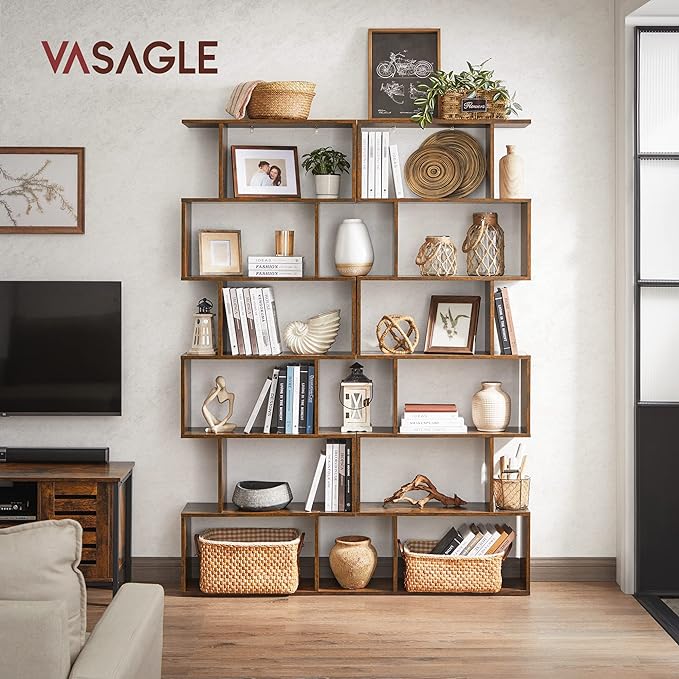 VASAGLE Bookshelf, 6-Tier Bookcase, Tall Display Shelf, Freestanding Storage Shelf, Room Divider, for Home Office, Living Room, Bedroom, Study, Rustic Brown ULBC61BX - LeafyLoom