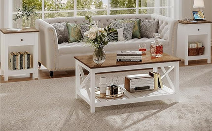 ChooChoo Farmhouse Nightstand Set of 2,Night Stand with Charging Station, Wooden Top Bedside End Table with Drawer and Storage Space for Bedroom, White - LeafyLoom