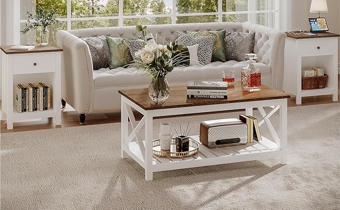 ChooChoo Farmhouse Nightstand Set of 2,Night Stand with Charging Station, Wooden Top Bedside End Table with Drawer and Storage Space for Bedroom, White - LeafyLoom