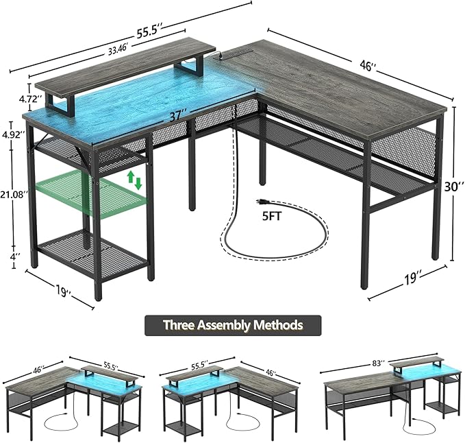 Unikito L Shaped Computer Desk with Magic Power Outlets and Smart LED Light, Reversible 55 Inch Corner Office Desk with Monitor Stand, Unique Grid Design, Gaming Table with Storage, Black Oak - LeafyLoom