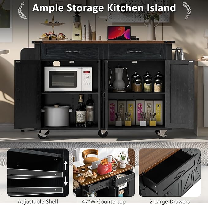 53.5'' Farmhouse Kitchen Island Cart with Power Outlet, Kitchen Island with Storage,Drop Leaf and Spice Rack, Rolling Kitchen Cart on Wheels for Home, Kitchen and Dining Room - LeafyLoom