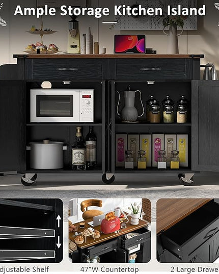 53.5'' Farmhouse Kitchen Cart with Power Outlet & Drop Leaf, Portable Mobile Table w/Spice, Towel Rack and Drawers, Rolling Islands on Wheels, for Home, Dining Room, Black, 53.5 Inch - LeafyLoom