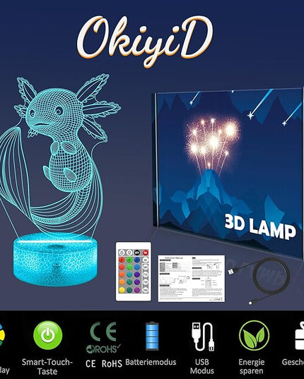 Axolotl Gifts, 3D Illusion Lamp, 3D Axolotl Night Light with Remote and Touch Control, Axolotl Decor for Kids Room, Girls Birthday Gamer Gaming Gifts - LeafyLoom