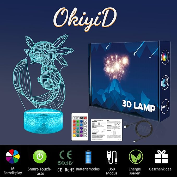 Axolotl Gifts, 3D Illusion Lamp, 3D Axolotl Night Light with Remote and Touch Control, Axolotl Decor for Kids Room, Girls Birthday Gamer Gaming Gifts - LeafyLoom