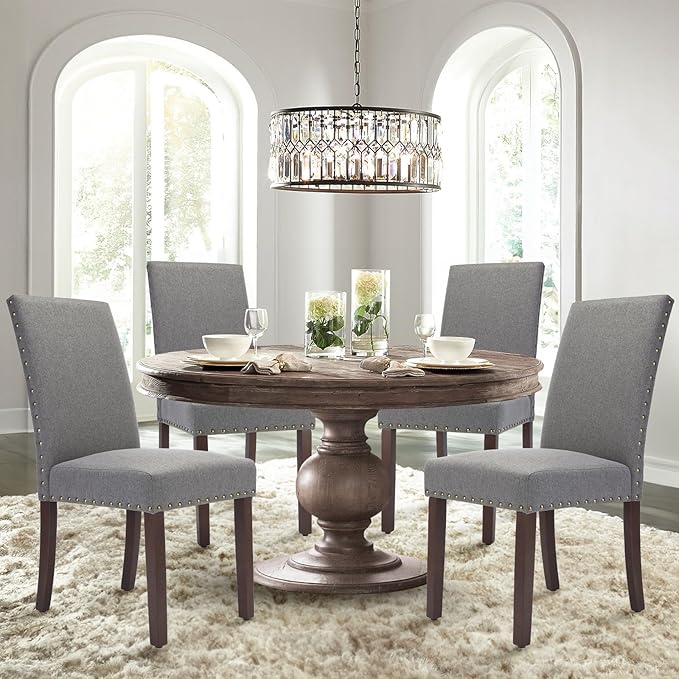 COLAMY Modern Wood Dining Chairs Set of 2, Parsons Dining Chairs, 19 Inch Padded Dining Chairs with Nailed Trim for Kitchen Dining Living Room, Grey - LeafyLoom