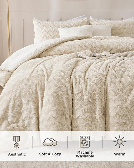 Andency Fleece Beige Comforter Set King, 3 Pieces Fuzzy Plush Faux Fur Bedding Comforter, Fluffy Shaggy Warm Sherpa Bed Set for Winter (104x90Inch Comforter) - LeafyLoom