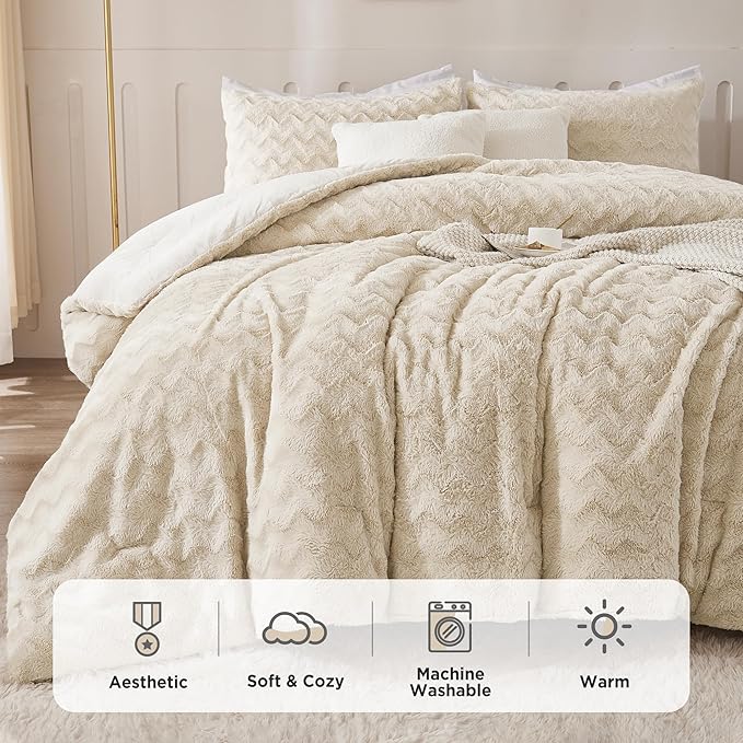 Andency Fleece Beige Comforter Set King, 3 Pieces Fuzzy Plush Faux Fur Bedding Comforter, Fluffy Shaggy Warm Sherpa Bed Set for Winter (104x90Inch Comforter) - LeafyLoom