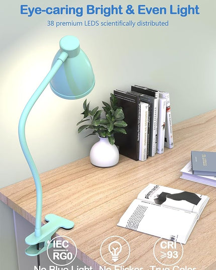 BOHON Desk Lamp with Clamp, 10W 38 LED Clip on Light, 3 Color 10 Brightness Auto Off Timer, Flexible Gooseneck Clip Lamp, Desk Lights for Office Home Bed Bedside Reading, Adapter Include, Teal - LeafyLoom