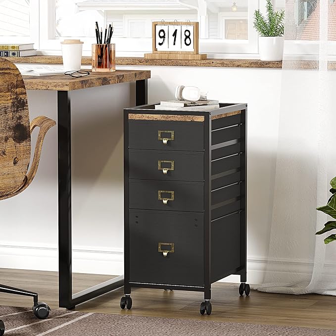 Vertical Mobile Filing Cabinet Fits A4 or Letter Size, Rustic Black - LeafyLoom