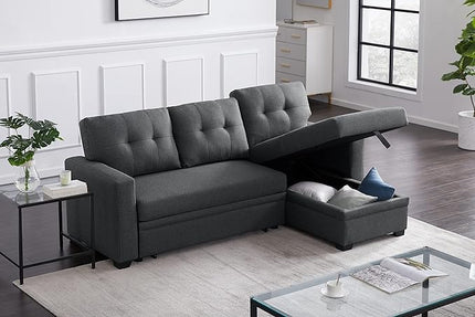 82‘’ L-Shape Convertible Sleeper Sectional Sofa with Storage Chaise,Linen Upholstered Reversible Corner Couch for Living Room, Apartment and Office Gray, 82inch, Dark Grey-8 - LeafyLoom