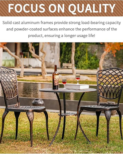 Bronze Patio Bistro Set - 3 Piece Outdoor Cast Aluminum Furniture, Large Table & Chairs, Weather Resistant, Adjustable Foot Pads, Umbrella Hole - LeafyLoom